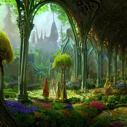 Image similar to a beautiful and highly detailed matte painting of a beautiful elven palace in a magical fantasy forest, psychedelic trees and plants and flowers, celtic vegetation, epic scale, insanely complex, hyperdetailed, sharp focus, hyperrealism, artstation, cgsociety, 8 k, bright colors, by caspar friedrich, albert bierstadt, james gurney, brian froud,