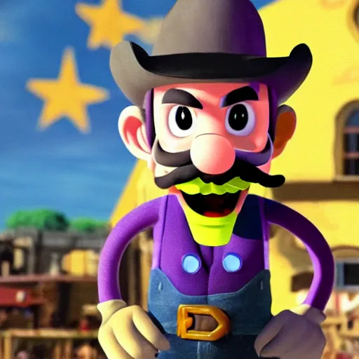 Image similar to waluigi from the mario series dressed as a cowboy fighting outlaws in a town, cinematic still frame oil painting, high detailed painting, greatly illustrated, photo - realistic painting )