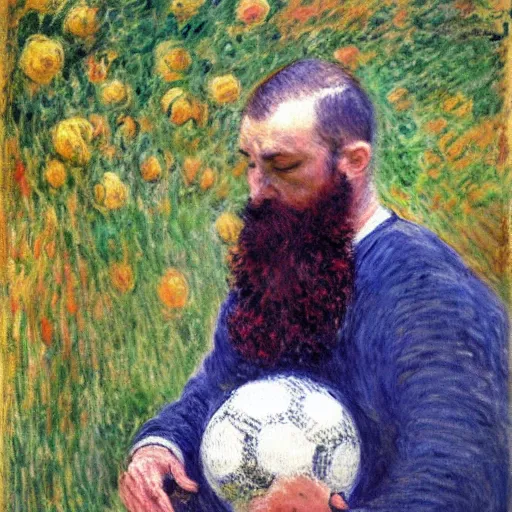 Prompt: monet painting of a bearded man with shaved head intimately kissing a soccer ball, highly detailed, realistic,