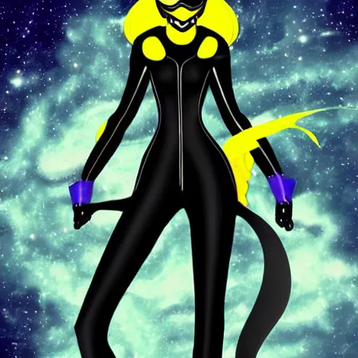 Image similar to ! dream black suit catgirl yellow motorcycle helmet, floating through galaxy colorful swirling stars, celty sturluson