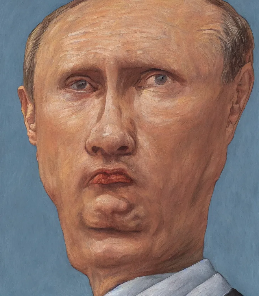 Image similar to closeup shot of putin in the style of lucian freud self portrait. oil painting, thick brush strokes.