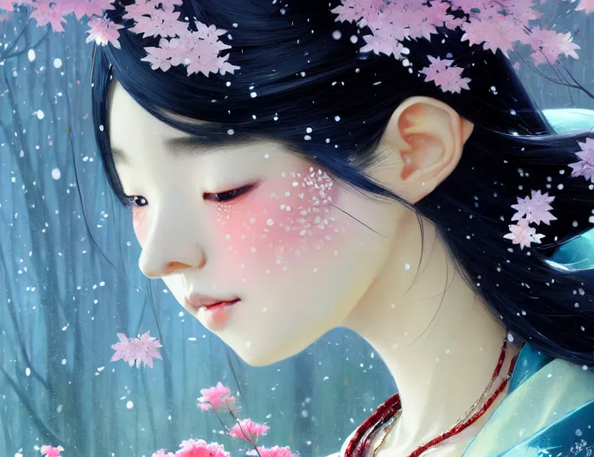 Image similar to a beautiful shibuya 1 0 9 female elf with haori and kimono decollete and jewelry | | snowy, realistic shaded, unpleasant face, channel, fasion, fine details, realistic shaded lighting poster by makoto shinkai, jeremy lipkin, michael garmash, magali villeneuve, artgerm, jeremy lipkin and michael garmash