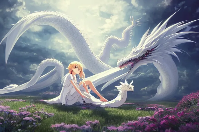 Image similar to a hyper detailed big render that a beautiful girl sitting surrounded by a huge silver white dragon alone in fairyland surrounded by white clouds, finely detailed angelic face, style of studio ghibli, makoto shinkai, xision, ilya kuvshinov and artgerm, kazuki tanahashi, james jean, animation style, golden curve composition, ultra wide angle