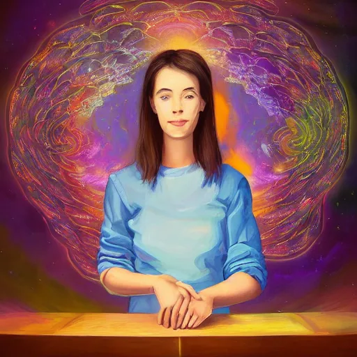 Prompt: a beautiful painting of a cute lady cartographer looking over a large paper map of galaxy spiral psychedelic human consciousness. the map is resting on a wooden table. digital art painting featured on artstation