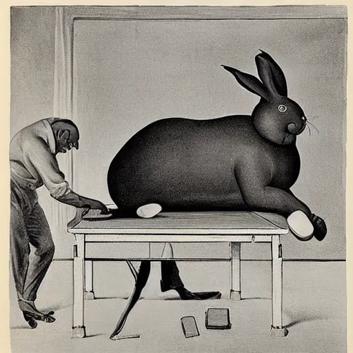 Prompt: A large rabbit performing an autopsy on a man lying on a metal table, painting by Rockwell Kent