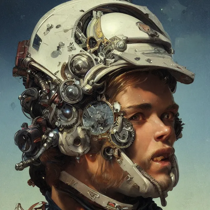 Image similar to a head and shoulders portrait of a space pirate, neon, retro, steampunk, smooth, sharp focus, intricate, artstation, detailed concept art by Caravaggio and Greg Rutkowski and Alphonse Mucha and Norman Rockwell