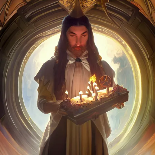 Image similar to a wizard blowing out birthday candles with magic, art by artgerm and greg rutkowski and alphonse mucha, concept art, octane render, unreal engine 5, highly detailed, high quality, 8 k, soft lighting, realistic face, path traced