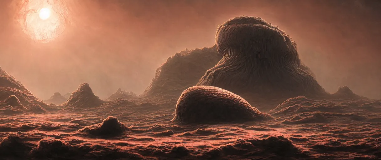 Image similar to detailed hyper realistic alien sentient sponge demigod which looks deeply intimidating, menacing alien sponge organism, floating island on a barren exoplanet, beautiful dramatic moody lighting, cinematic atmosphere, by Jean Giraud, Alex Grey, Zdzislaw Beksiński, Dan Mumford, Patiphan Sottiwilaiphong, Yintion J - Jiang Geping