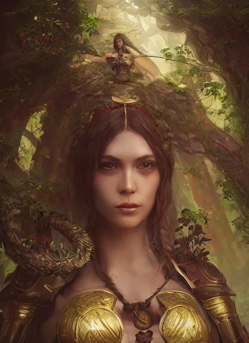 Image similar to Beautiful art portrait of a female fantasy fighter mage in a bright temple surrounded by lush forest, atmospheric lighting, intricate detail, cgsociety, hyperrealistic, octane render, RPG portrait, ambient light, dynamic lighting