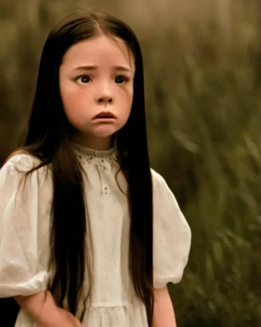 Image similar to Film still of the Little girl from the movie Ring, white skin, long black hair