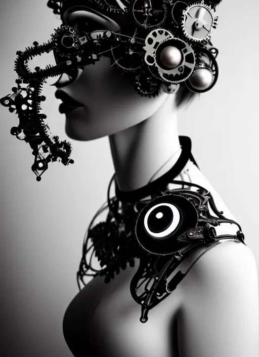 Image similar to 1 9 3 0 black and white dreamy foggy gothic masterpiece profile face portrait, one steampunk eye biomechanical beautiful young female cyborg - robot, body ribs meshes, big monocular, volumetric light, hibiscus flowers, by hg giger, rim light, big gothic fashion pearl embroidered collar, 8 k