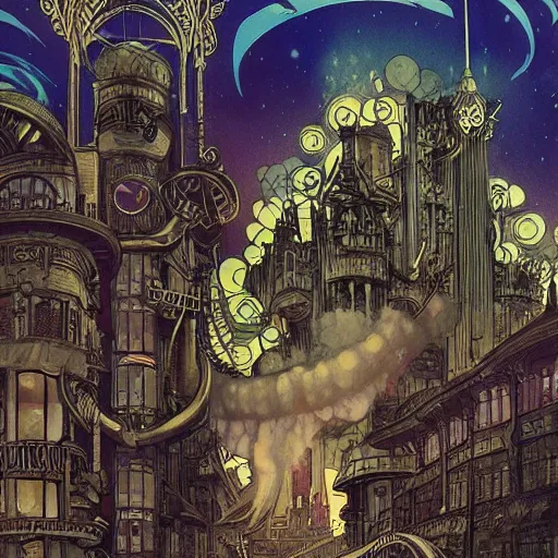 Prompt: a steampunk metropolis, fluffy, rainbow - laque, house, mansion, street, steam pipe, steam cloud, intricate, elegant, detailed, art nouveau, concept art, smooth, painting by sho murase, alfred kubin, alfonse mucha, trending on artsstation
