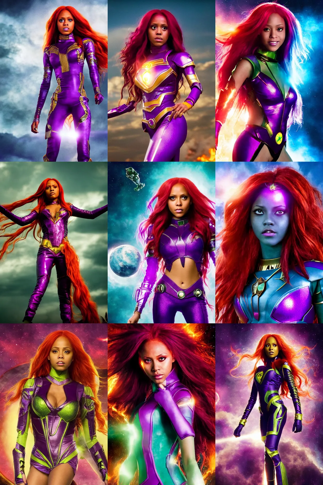 Prompt: starfire from teen titans live action movie directed by joss whedon, movie still frame, promotional image, critically acclaimed, symmetrical shot, idiosyncratic, relentlessly detailed, limited colour palette