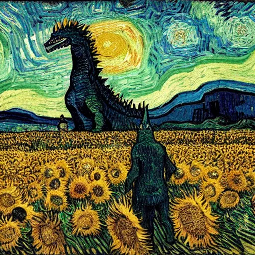 Image similar to godzilla standing in a field with sunflowers by Vincent van Gogh