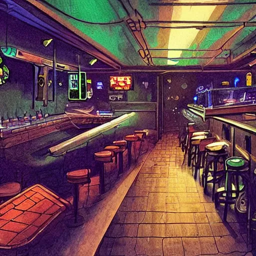 Prompt: interior of a busy dive bar on an alien planet, cinematic, epic sci-fi art