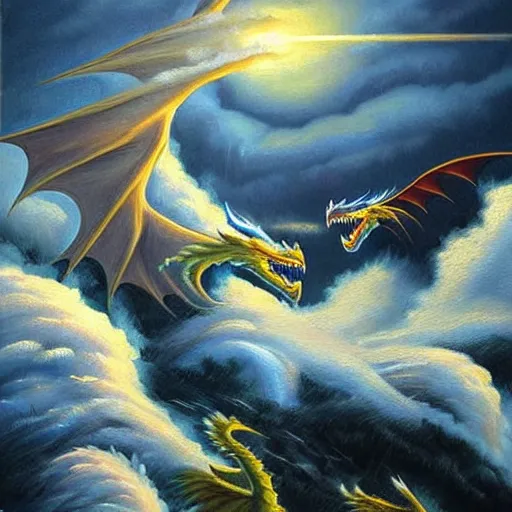 Image similar to a vast oil painting of two storm dragons dueling above the snowy peaks, hyper realistic, vivid, highly detailed, many colors