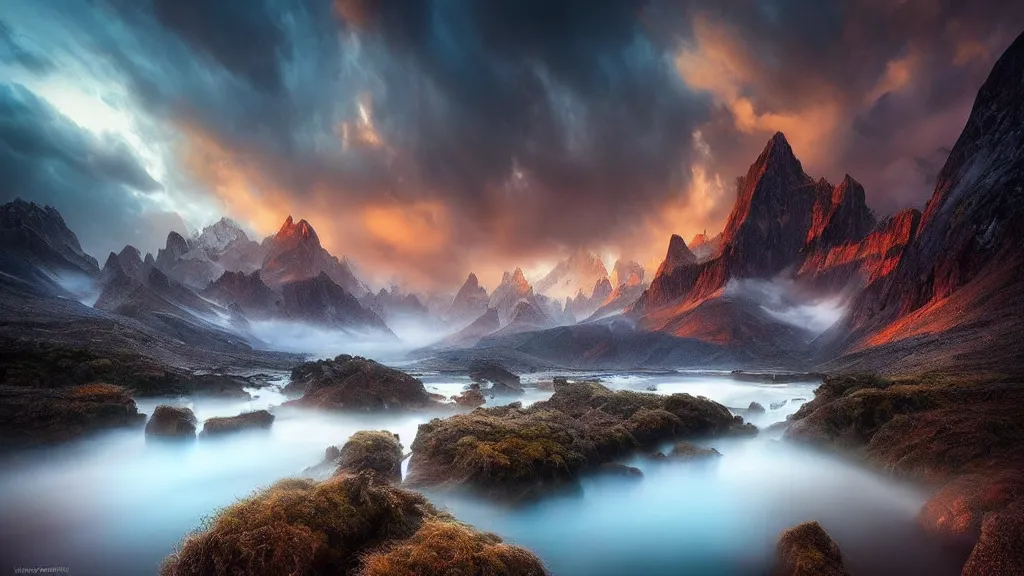 Image similar to amazing landscape photo by marc adamus, beautiful dramatic lighting