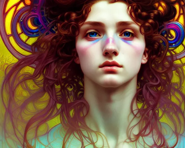 Prompt: overlord, psychedelic hair, portrait, highly detailed, deep focus, elegant, digital painting, smooth, sharp focus, illustration, ultra realistic, 8 k, art by artgerm and alphonse mucha and edgar maxence