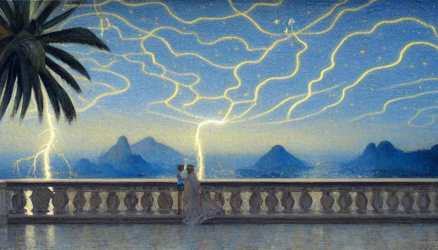 Prompt: a ultradetailed beautiful painting of the night sky of the rio de janeiro palace balustrade designed by jules bastien - lepage, tarsila do amaral, frank weston and gustave baumann, beach, trending on artstation, mediterranean, palm trees, sharp focus, lightning sparkles refraced lines, soft light, 8 k 4 k