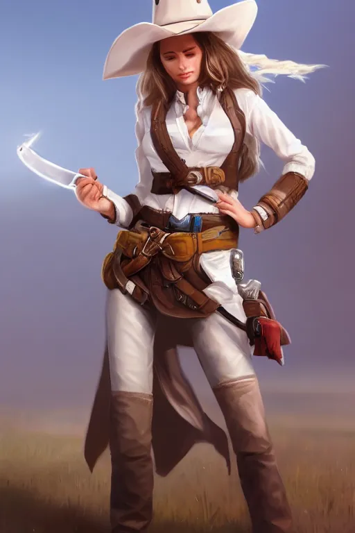 Image similar to full body, female cowgirl, perfect face, white blouse, long rifle, 8 k, magic the gathering, desert, d & d, artstation