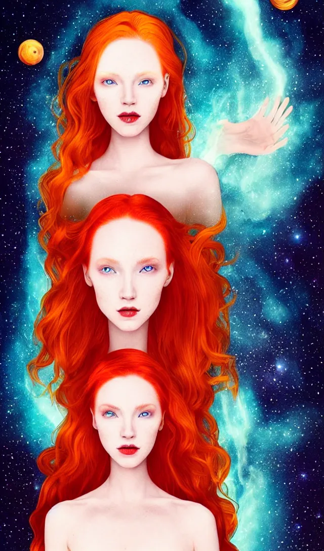 Image similar to tarot card of space astral girl, red hair, ginger hair, fantasy, glowing skin, smooth face, perfect eyes