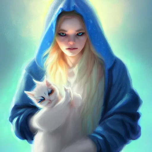 Image similar to colorful and Festive Captivating cute mage white kitten, with a blue hoodie, atmospheric lighting, painted, intricate, highly detailed by Charlie Bowater