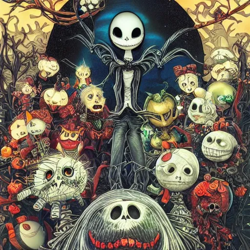 Image similar to portrait of crazy nightmare before christmas, symmetrical, by yoichi hatakenaka, masamune shirow, josan gonzales and dan mumford, ayami kojima, takato yamamoto, barclay shaw, karol bak, yukito kishiro