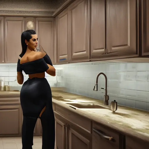 Prompt: kim kardashian fixing a fridge and in a dirty kitchen, 1 9 0 0, photorealist, ultra hd, unreal engine