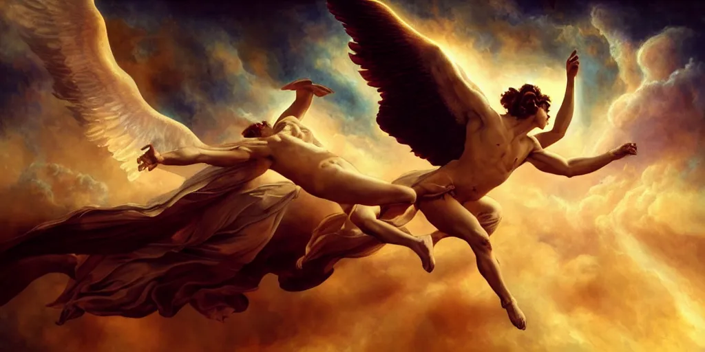 Prompt: Icarus flying too close to the sun, by Rolf Armstrong and Evelyn De Morgan and Bastien Lecouffe-Deharme, dramatic lighting, high contrast colors, baroque, empyrean, panoramic view, as trending on Artstation, highly detailed, doom engine,