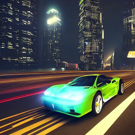 Image similar to hover car, ferrari, cyberpunk, city, night time, unreal engine