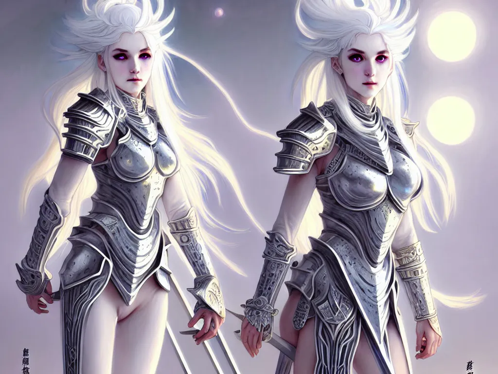 Image similar to portrait white hair knights of zodiac girl, matt white ice color armor, in ruined agora of athens sunrise, ssci - fi and fantasy, intricate and very beautiful and elegant, highly detailed, digital painting, artstation, concept art, smooth and sharp focus, illustration, art by ayanamikodon and tian zi and alphonse mucha and wlop