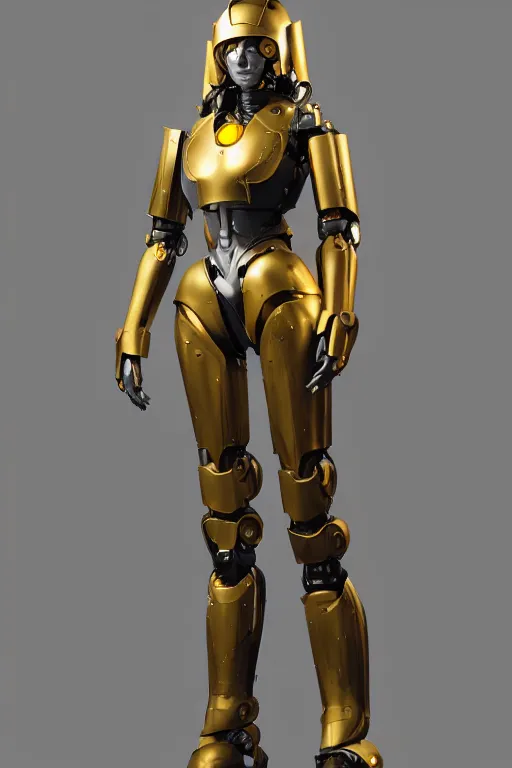 Image similar to maria of metropolis, humanoid robot, golden full body armor, beautiful helmet in the shape of a face, cyborg eyes glowing yellow, scifi, futuristic, raytracing, glowwave, sharp focus, cinematic lighting, artstation, divine, unreal engine 5 rendered, by fritz lang, art style by pixar warner bros dreamworks disney riot games and overwatch