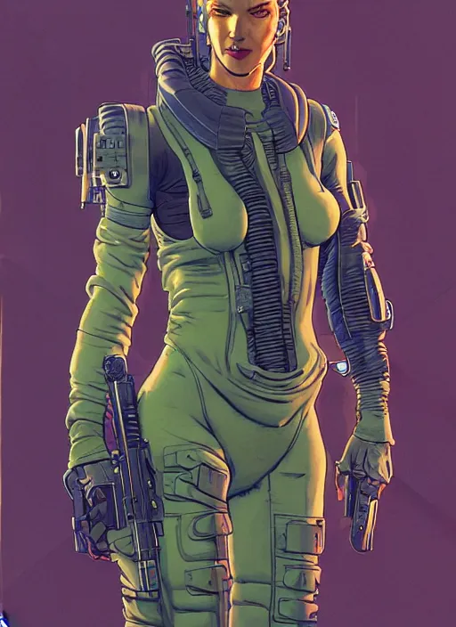 Prompt: cyberpunk mercenary in tactical gear and jumpsuit. portrait by stonehouse and mœbius and will eisner and gil elvgren and pixar. character design. realistic proportions. dystopian. cyberpunk 2 0 7 7, apex, blade runner 2 0 4 9 concept art. cel shading. attractive face. thick lines.