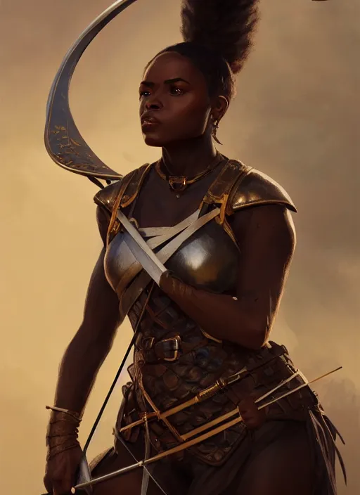 Image similar to full body portrait of beautiful black woman as a medieval archer, leather armor and war bow, cinematic, highly detailed, digital painting, artstation, concept art, smooth, sharp focus, illustration, face by wlop, illustrated by mars ravelo and greg rutkowski