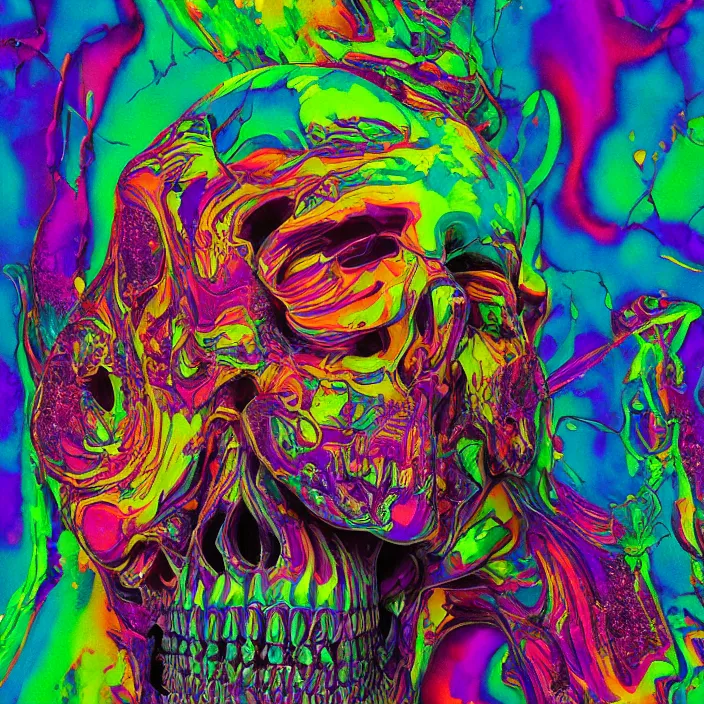 Image similar to portrait of an acid lsd psychedelic melting skull. razor sharp teeth. infected with rainbow fungi. intricate abstract. intricate artwork. interdimensional, by Tooth Wu, wlop, beeple, dan mumford. octane render, trending on artstation, greg rutkowski very coherent symmetrical artwork. cinematic, hyper realism, high detail, octane render, 8k, iridescent accents