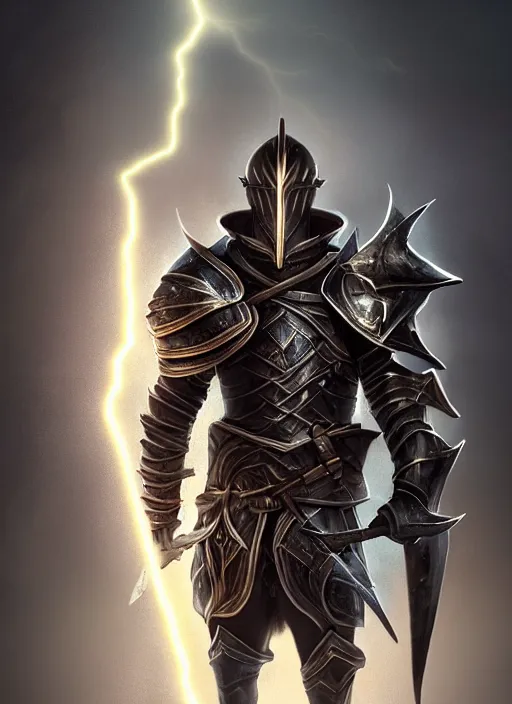 Image similar to portrait of an athletic male knight casting a lightning spell whilst walking near a lightning strike as a diablo 3 character, looking at camera, he is enveloped by lightning arcs, D&D, lightning master, short hair, intricate, elegant, stylish, cute smile, fantasy, extremely detailed, digital painting, artstation, concept art, smooth, sharp focus, illustration, ambient lighting, art by artgerm and greg rutkowski and alphonse mucha and simon stalenhag