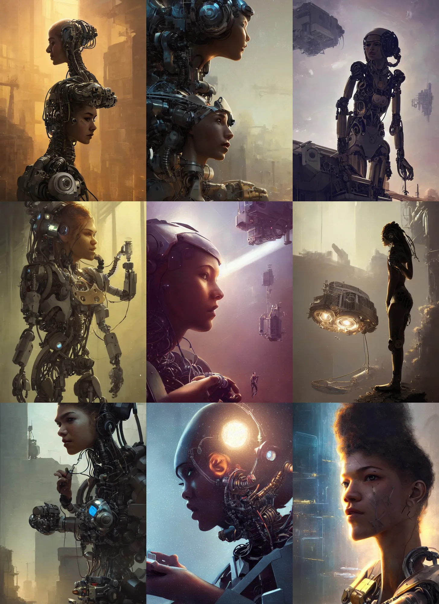 Prompt: a barefoot rugged engineer zendaya girl with cybernetic enhancements working assembling a satellite, scifi character portrait by greg rutkowski, esuthio, craig mullins, 1 / 4 headshot, cinematic lighting, dystopian scifi gear, gloomy, profile picture, mechanical, half robot, implants, steampunk