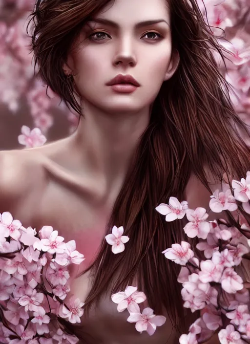 Image similar to photo of a gorgeous female with messy hair in the style of stefan kostic, realistic, body shot, sharp focus, 8 k high definition, insanely detailed, intricate, elegant, art by stanley lau and artgerm, cherry blossoms