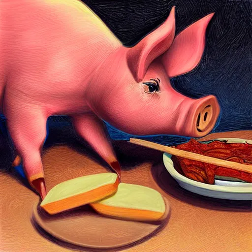Prompt: A pig eating pork ribs, digital art