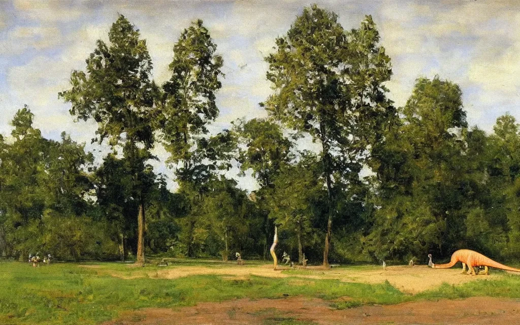 Prompt: a painting of a dinosaur in a park, oil on canvas, by peder kroyer