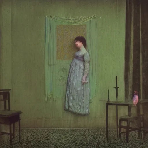 Image similar to a lonely girl in an empty room, colored daguerreotype, by Mackintosh, by Klimt, art noveau, Wallpaper by Ernst Haeckel, eerie, liminal, bright pastel colors,