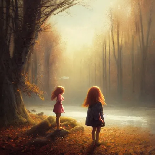 Prompt: 5 year old girl with long ginger hair. 2 year old girl with light brown hair. windy autumn day. warm atmospheric lighting. matte painting by greg rutkowski.