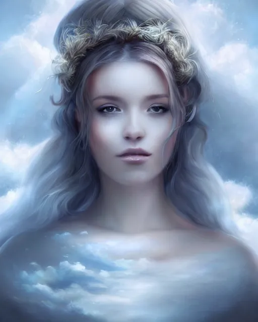 Prompt: Beautiful portrait of a woman wearing a dress of clouds, cloud couture, halo of light, artgerm, scenic fantasy art, wlop, deviantart