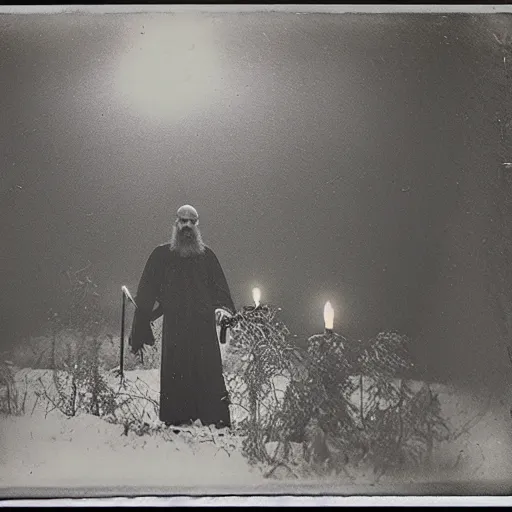 Image similar to trail _ camera _ photo _ of _ a _ breaton monks looking like rasputin with lit candles and a goat _ realistic _ spooky _ grimdark _ night _ black _ and _ white, polaroid