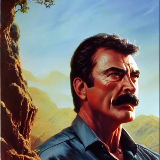 Image similar to ultra realistic portrait painting of tom selleck, art by frank frazetta, 4 k, ultra realistic, highly detailed, epic lighting