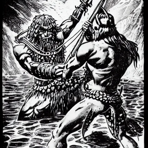 Prompt: Conan the Barbarian fighting Fishmen by a statue of Cthulu in a dark cave. D&D. Pen and ink. Black and white. Mike Mignola, Erol Otus, Larry Elmore.