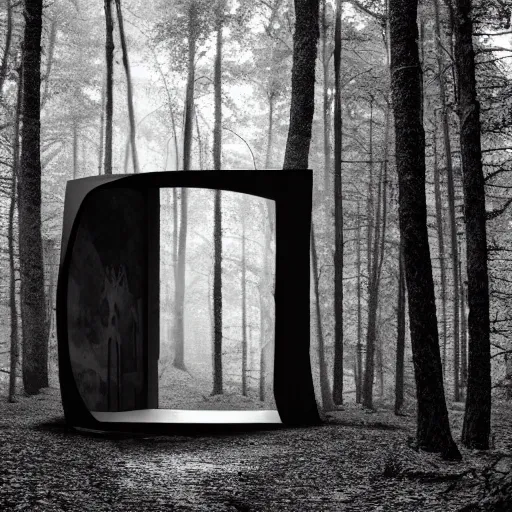 Prompt: A portal to a black and white universe. The portal is open in a forest