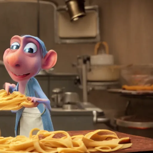 Image similar to remy from ratatouille making pasta, cinematic, dramatic, color grading, photojournalism, colorful, highly detailed
