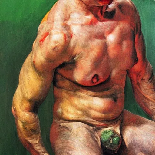 Image similar to high quality high detail painting by lucian freud and frank frazetta, hd, red and green