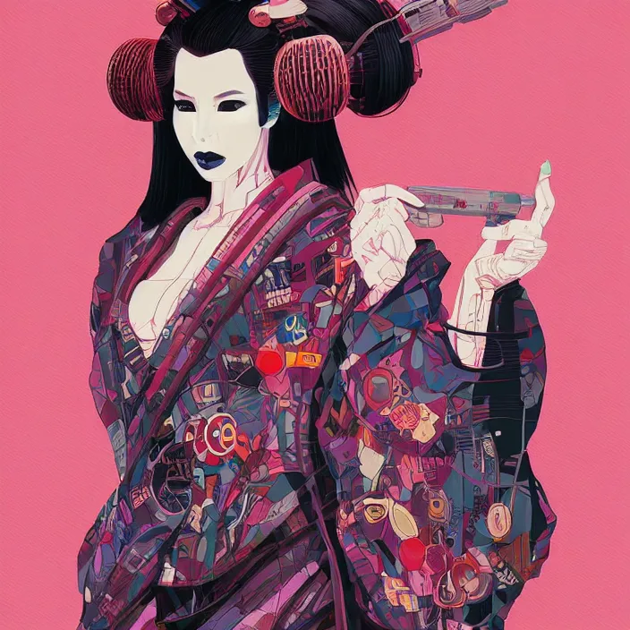 Image similar to a beautiful painting of a cyberpunk geisha by malika favre, in style of noir illustration. colorful comic, symmetry, sci fi, hyper detailed. octanev render. trending on artstation, high detailed, smooth draw.